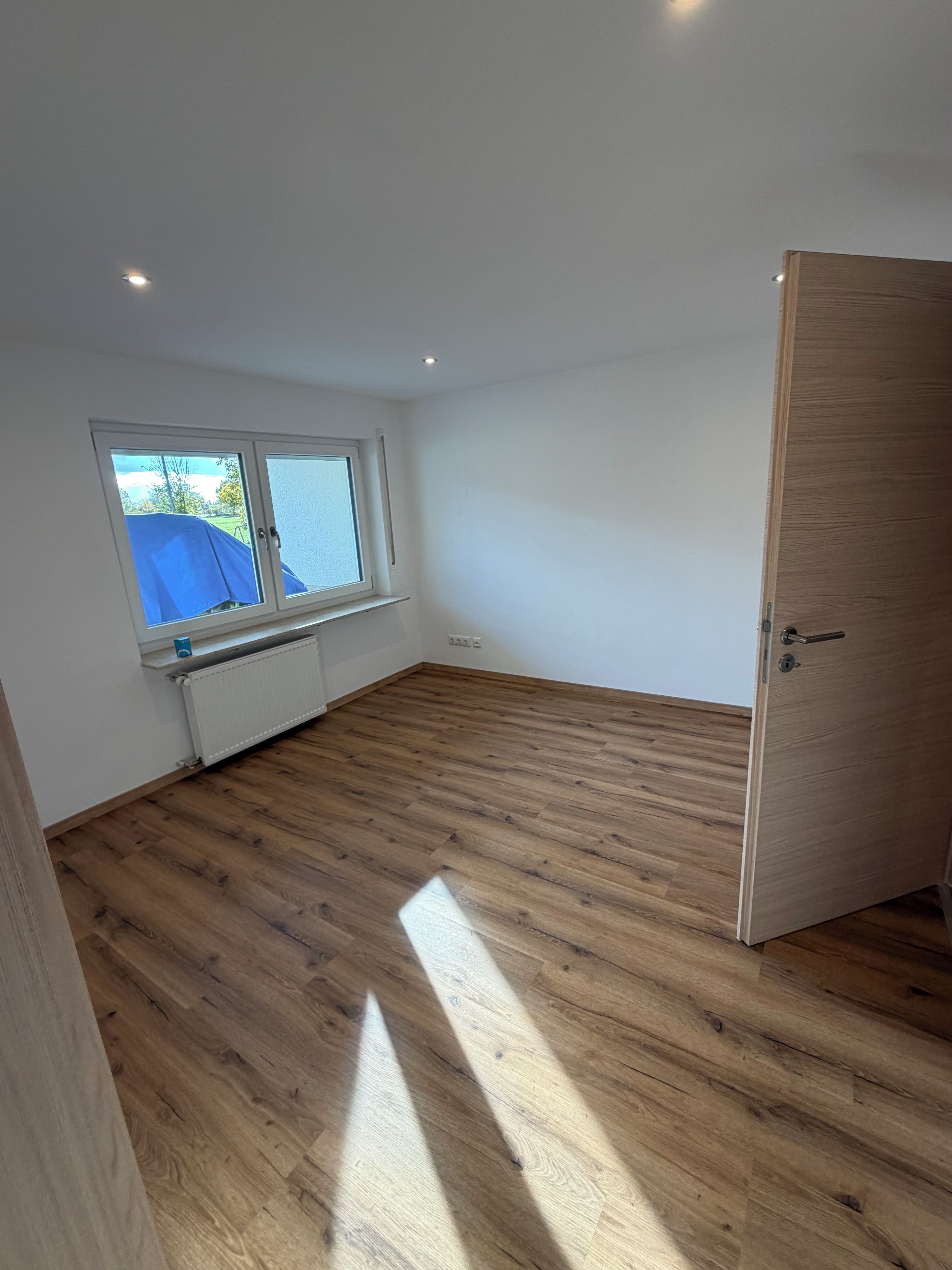 A room with a wooden floor, a window with a view, and a door.