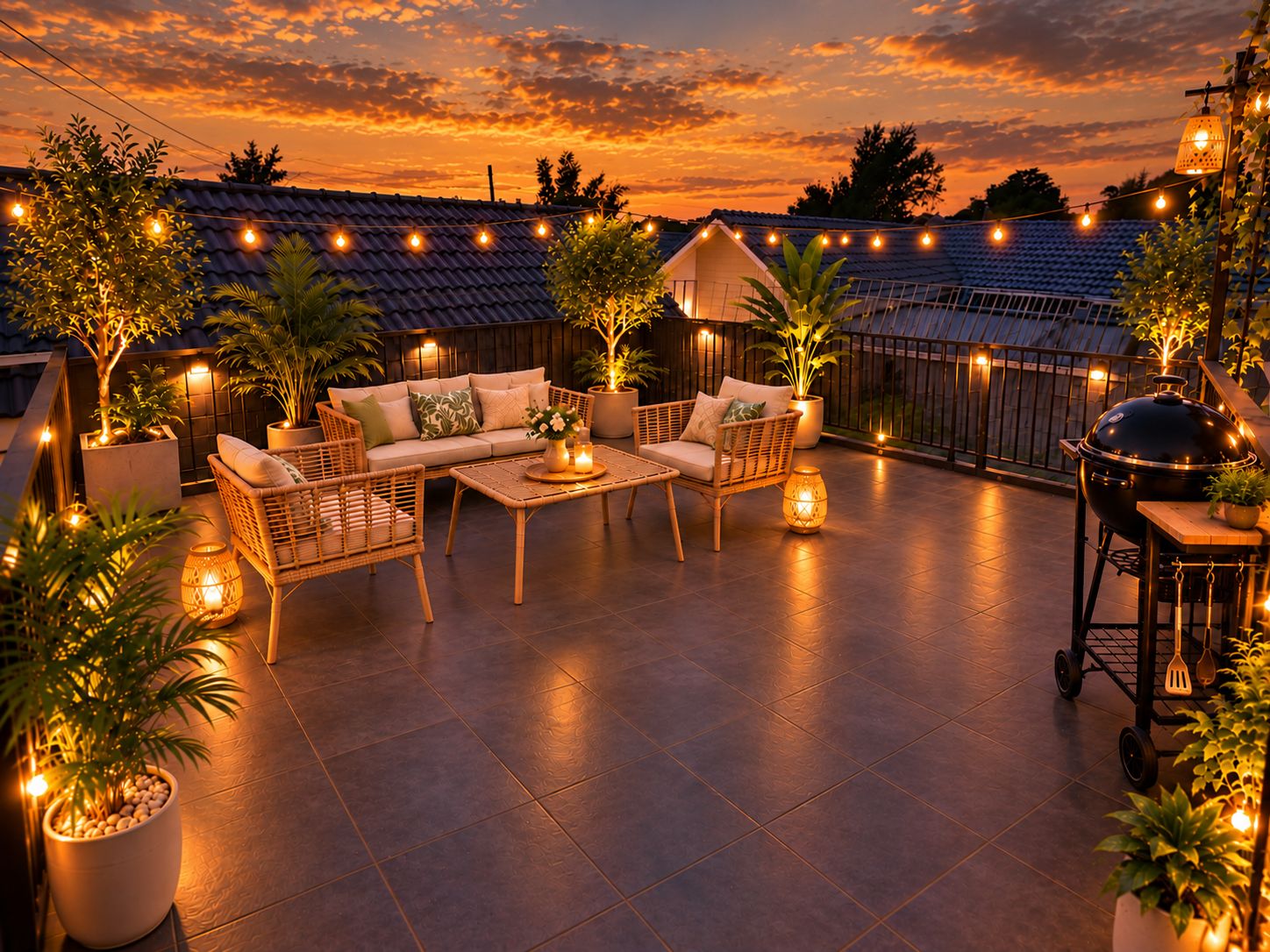 Een terras buiten met een zithoek, eettafel en potplanten.