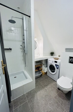 A modern bathroom with a glass-enclosed shower, a built-in washing machine, and a toilet. - New Listing (La Bourboule)