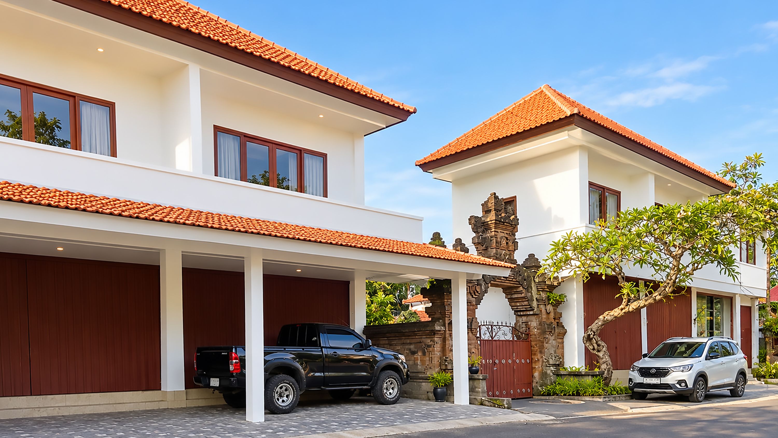 A two-story house with a covered driveway and a carport.