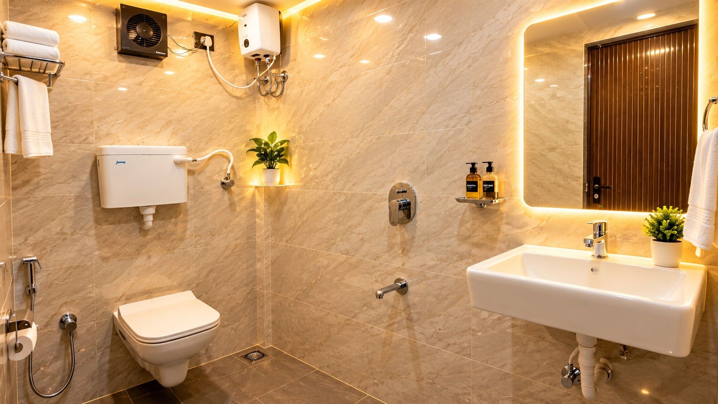 Une salle de bain moderne équipée de toilettes, d’un lavabo, d’une douche et d’un miroir.