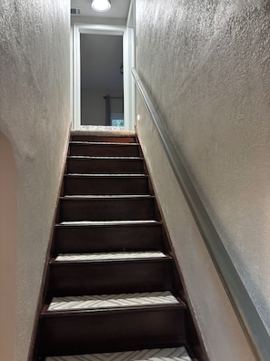 A staircase with a handrail, leading to a door at the top.