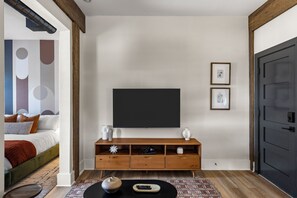 Un salon moderne avec un téléviseur à écran plat fixé au mur, un meuble de rangement en bois en dessous, et une porte sombre sur le côté droit.