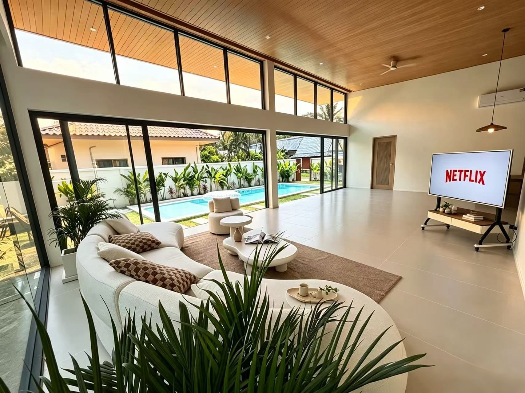 A modern living room with a large TV screen displaying 'NETFLIX,' a pool, and a view of a residential area.