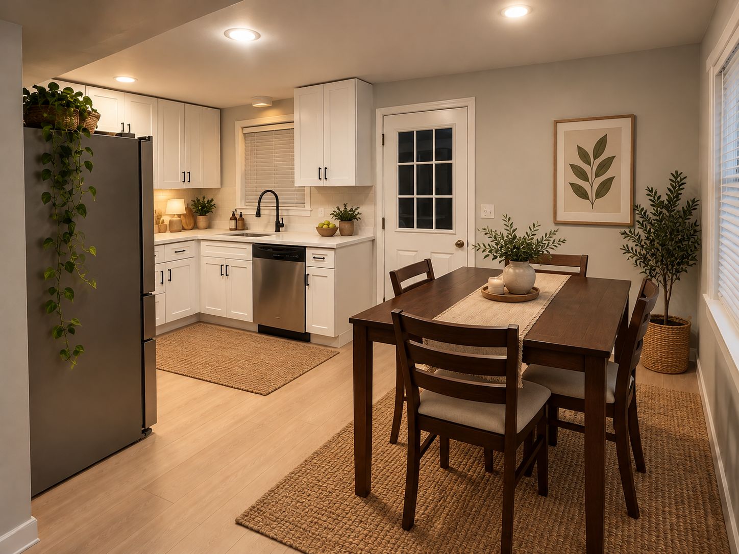 A modern kitchen with white cabinets, a stainless steel refrigerator, and a dining area with a wooden table and chairs.