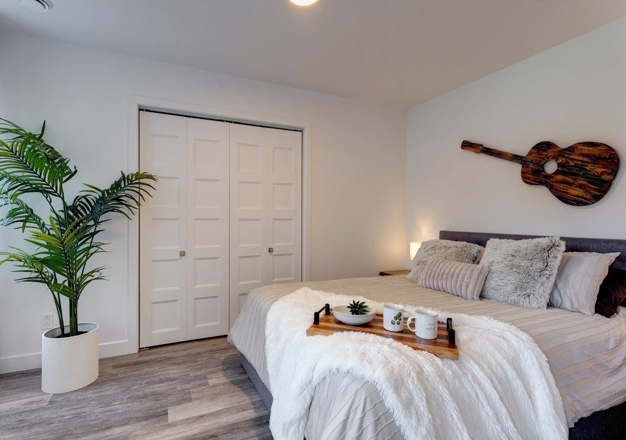 A bedroom with a bed, a guitar wall art, a plant, and a door.