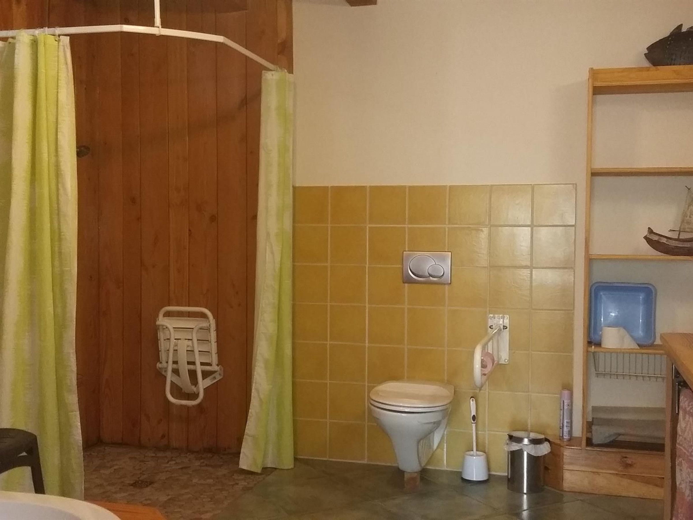 Et badeværelse med en trædør, toilet, bruseforhæng, en hylde med en båtpynt og en skraldespand.