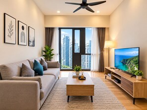 Una sala de estar moderna con un sofá, una mesa de centro, un televisor y vistas de rascacielos.
