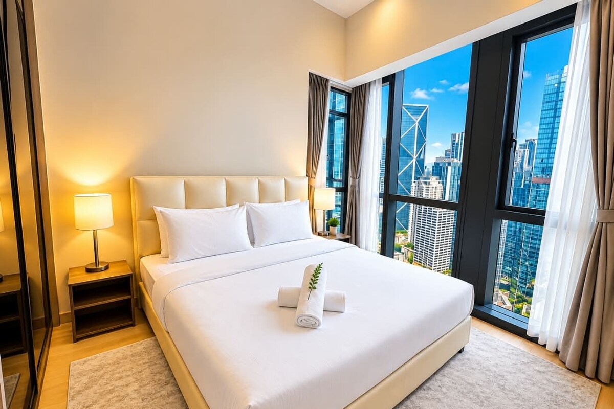 A hotel room with a large bed, a nightstand, a lamp, and a view of the cityscape through large windows.