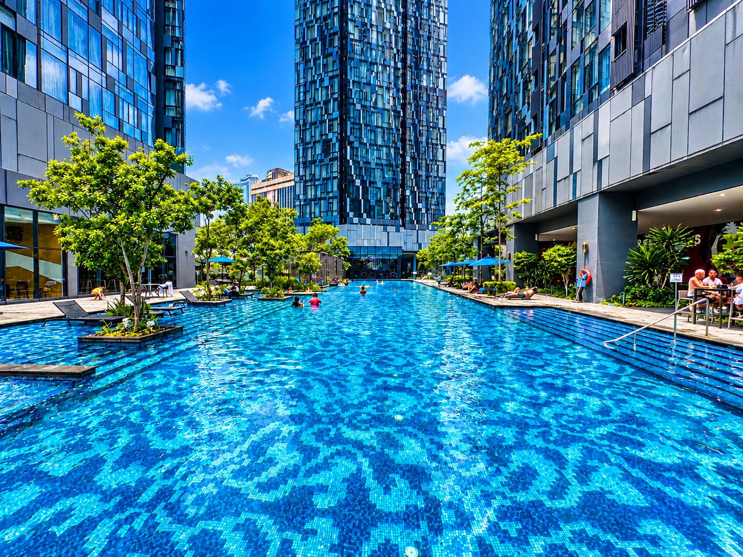 A large indoor swimming pool surrounded by modern buildings, with clear blue water and trees.