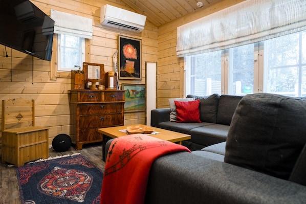 A cozy room with a sofa, a wooden cabinet, a table, and a rug.