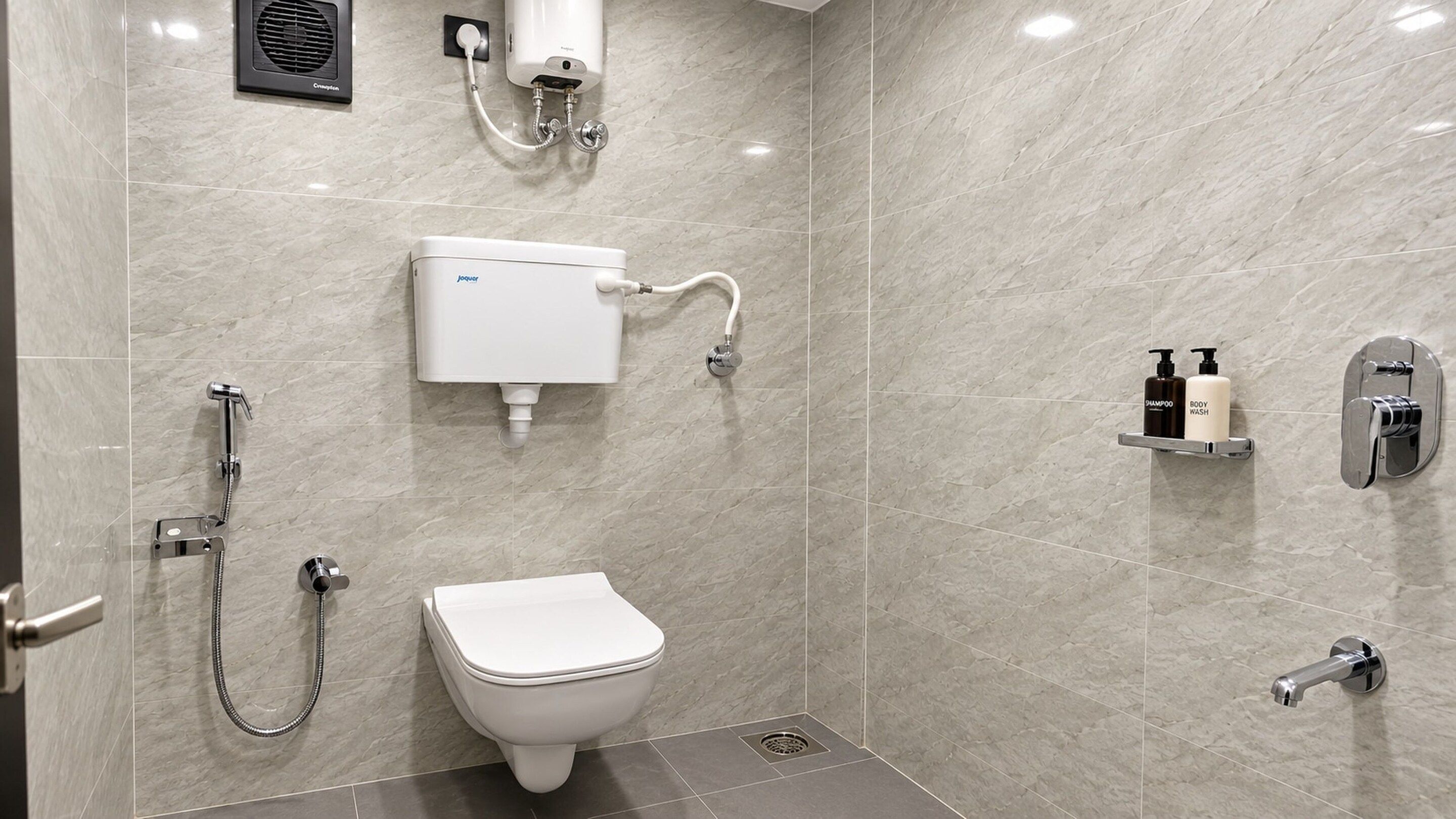 A modern bathroom with a toilet, shower, and a toilet paper holder with toiletries.