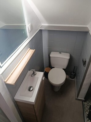 A compact bathroom with a white sink, a toilet, and a window above the sink. - New Listing (Tréguier)