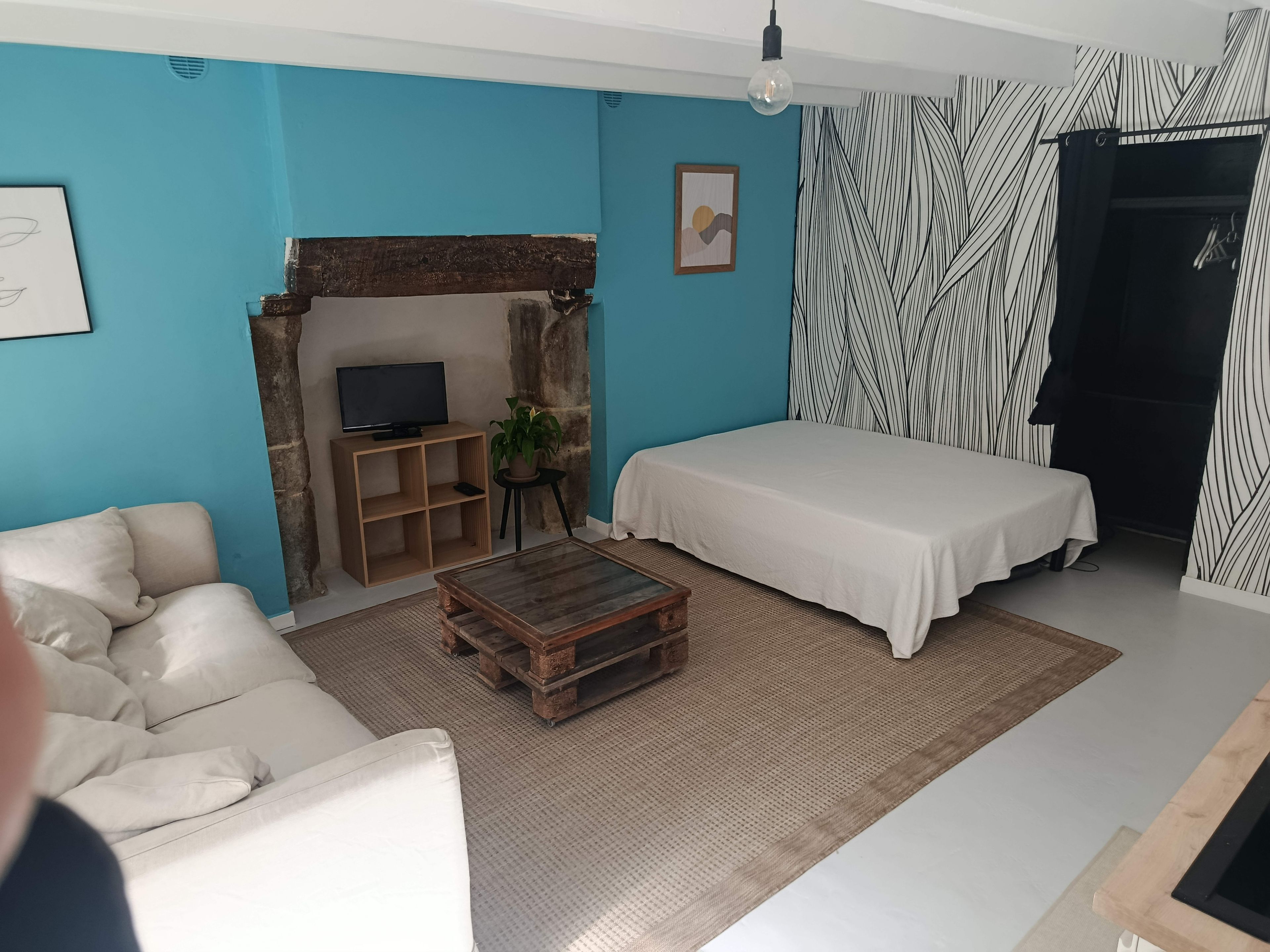 Un salon moderne avec un canapé, une table basse, un téléviseur et un lit.