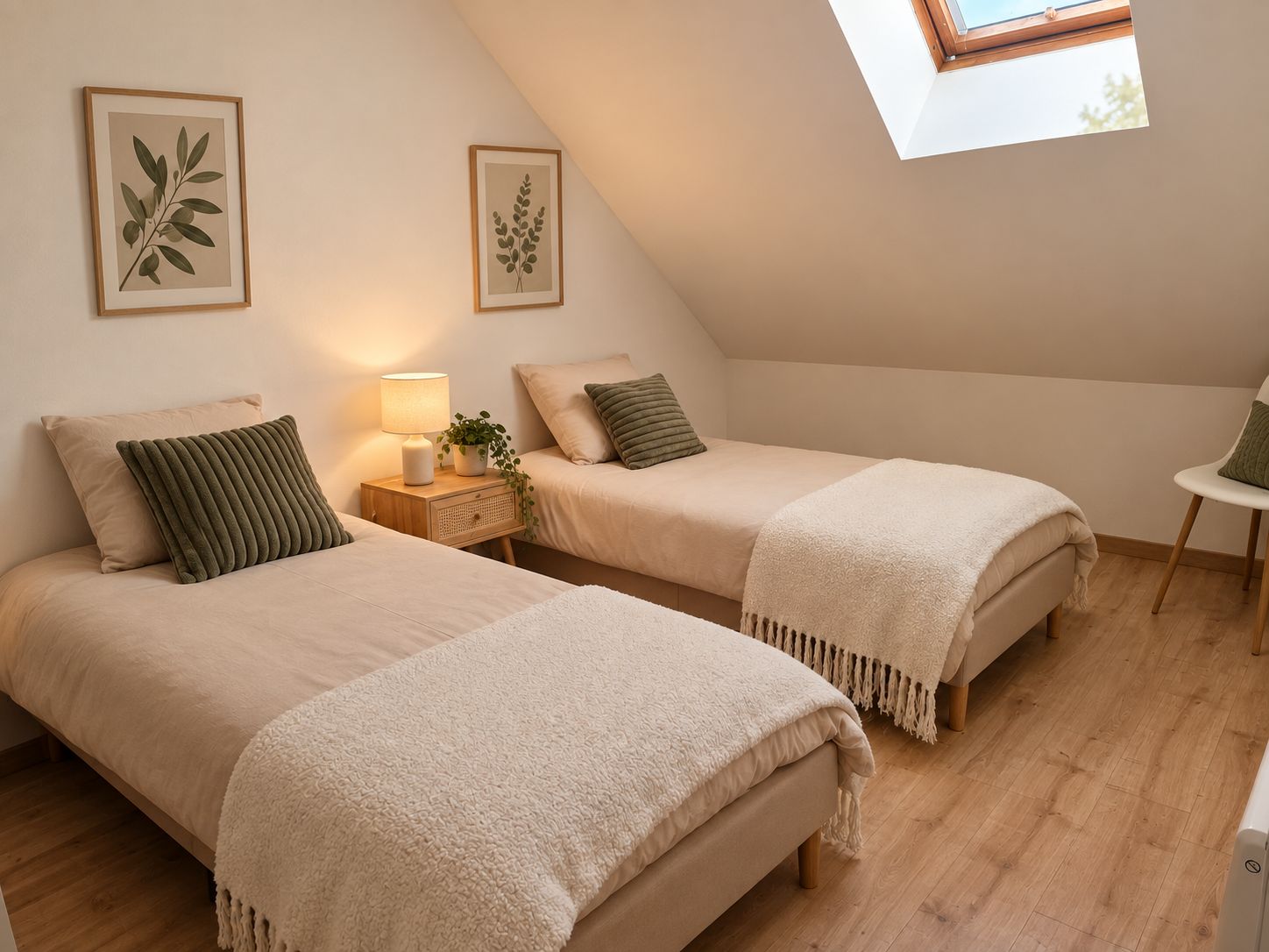 Ein Schlafzimmer mit zwei Betten, einem Nachttisch mit Lampe, gerahmten Pflanzenbildern an der Wand und einem Oberlicht.