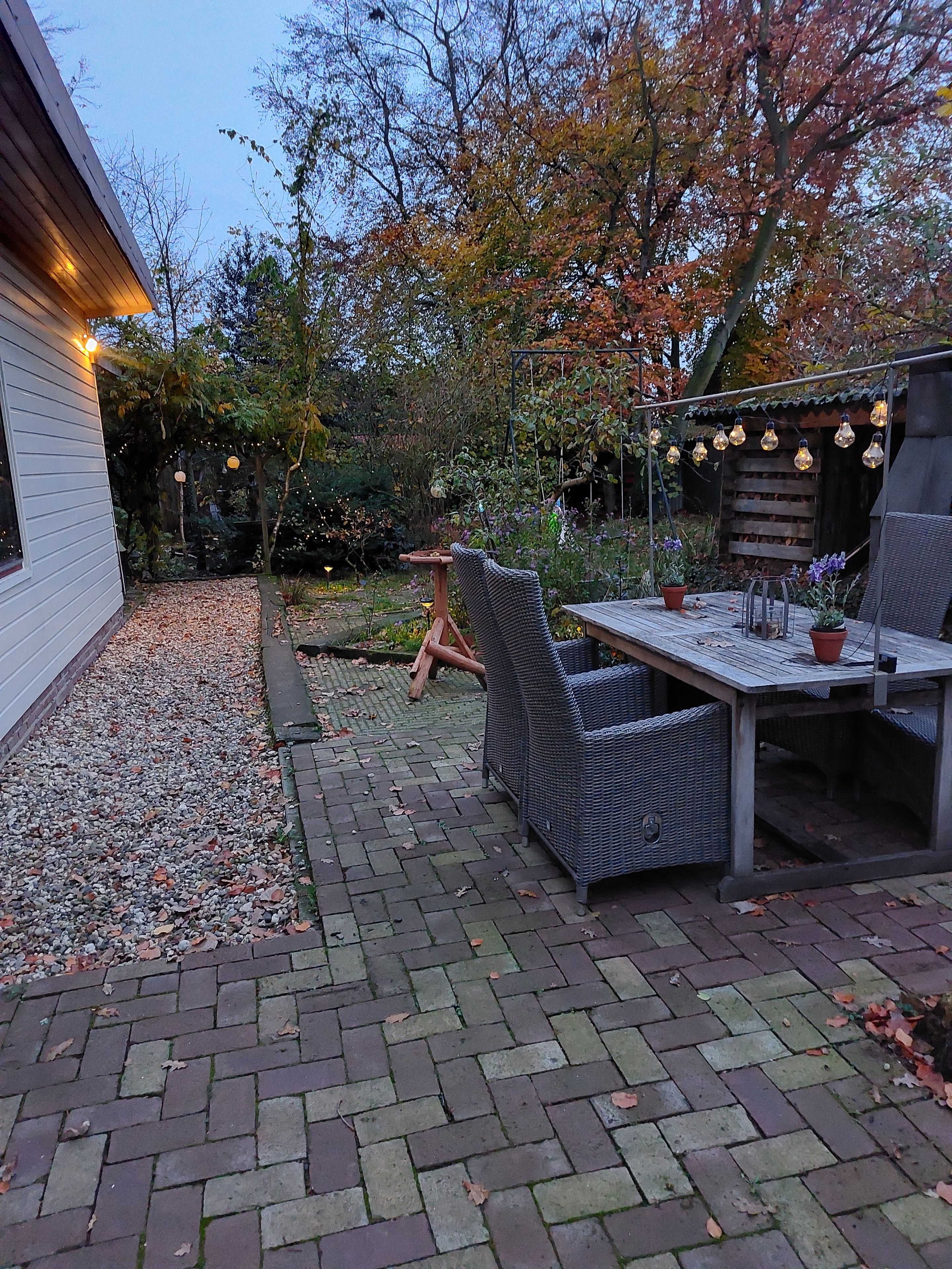Une terrasse avec une table et des chaises, entourée d’un jardin agrémenté d’arbres et d’une clôture en bois.