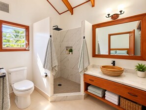 A bathroom with a shower, toilet, vanity, and a large mirror.