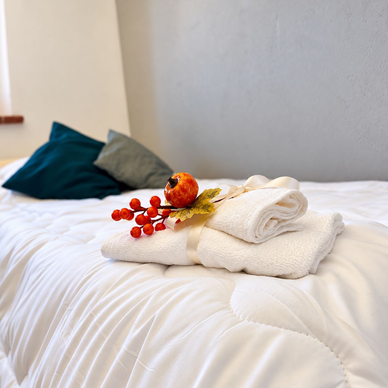 A neatly made bed with white bedding, a folded white towel, and decorative red berries and leaves.