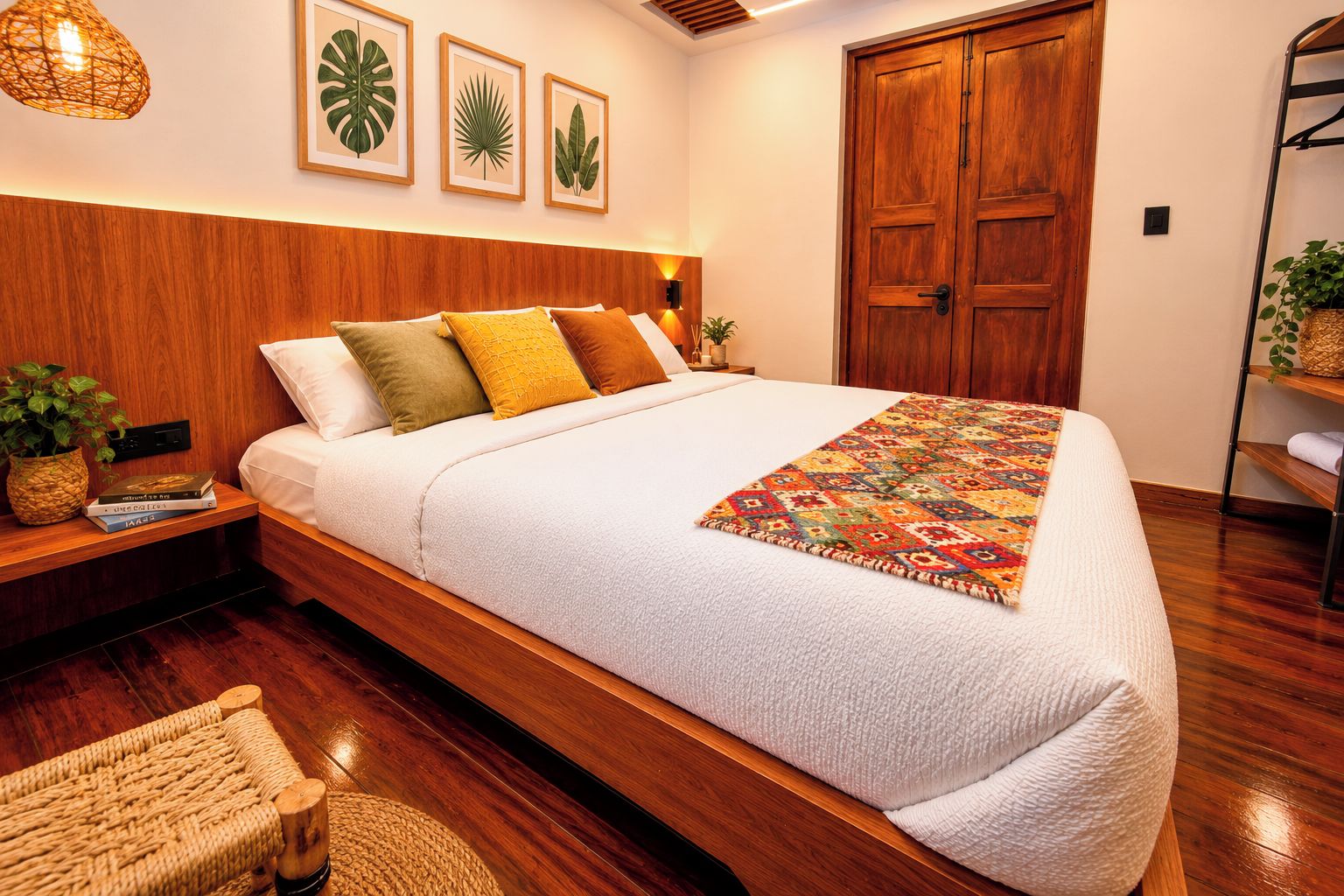 Une chambre avec un lit en bois, une table de chevet avec des livres, une lampe fixée au mur, des œuvres d’art encadrées représentant des feuilles tropicales, une armoire en bois et un panier en osier.