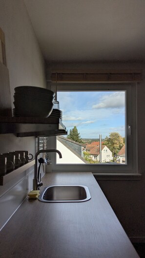 Een keuken met uitzicht op een woonwijk, een spoelbak en een afwasschaal.