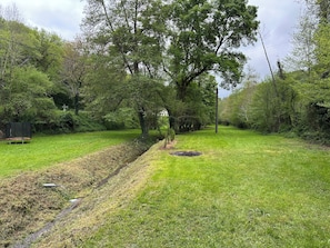 Une zone herbeuse avec un sentier, des arbres et un trampoline.