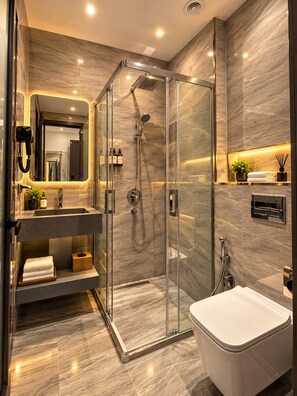 Un bany modern amb dutxa d'acer, un lavabo amb mirall i un vàter.