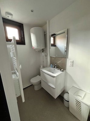 A compact bathroom with a toilet, sink, and a mirror. - New Listing (Bouxwiller)