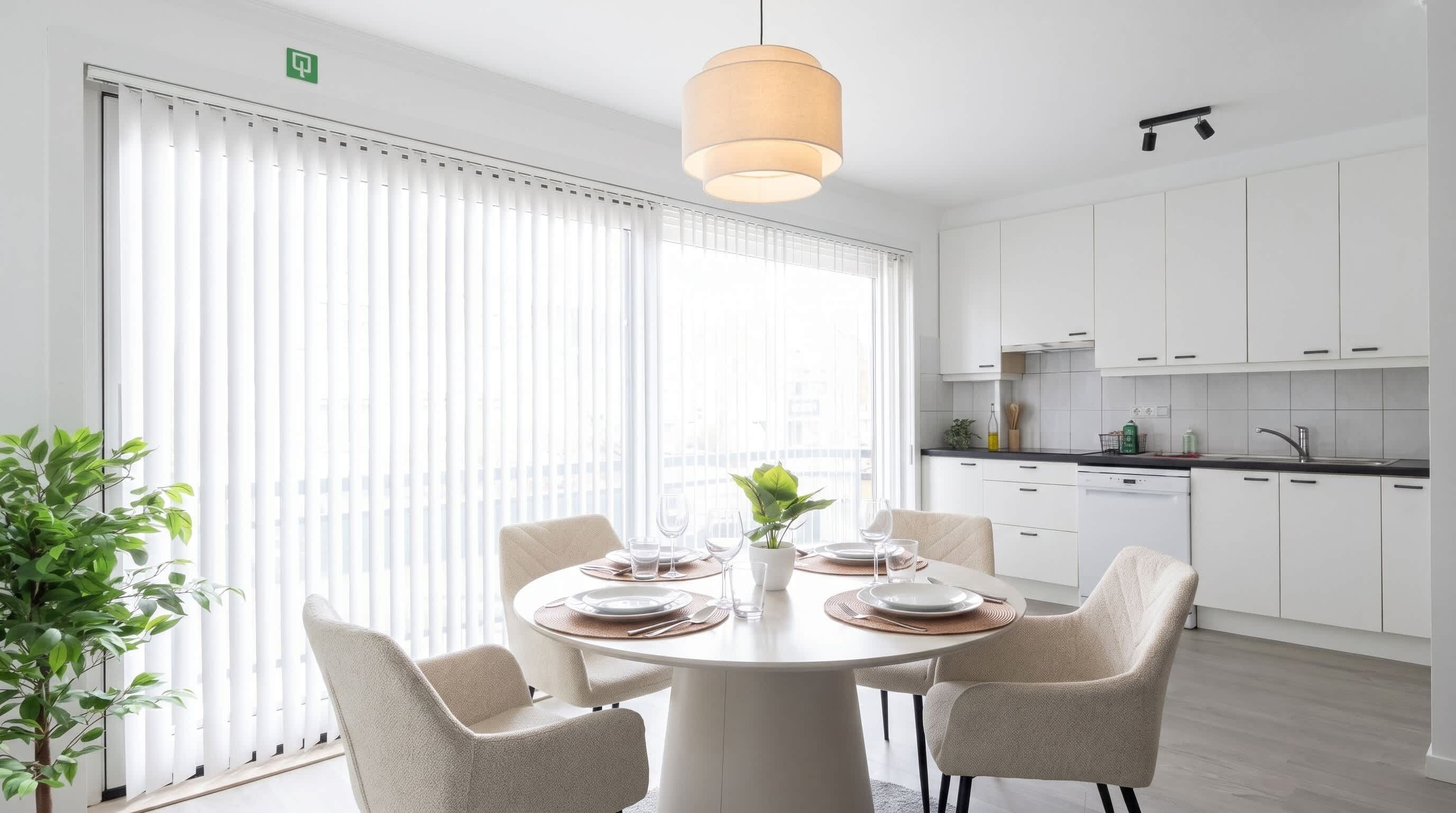 A modern dining area with a round table, chairs, and a hanging light fixture.