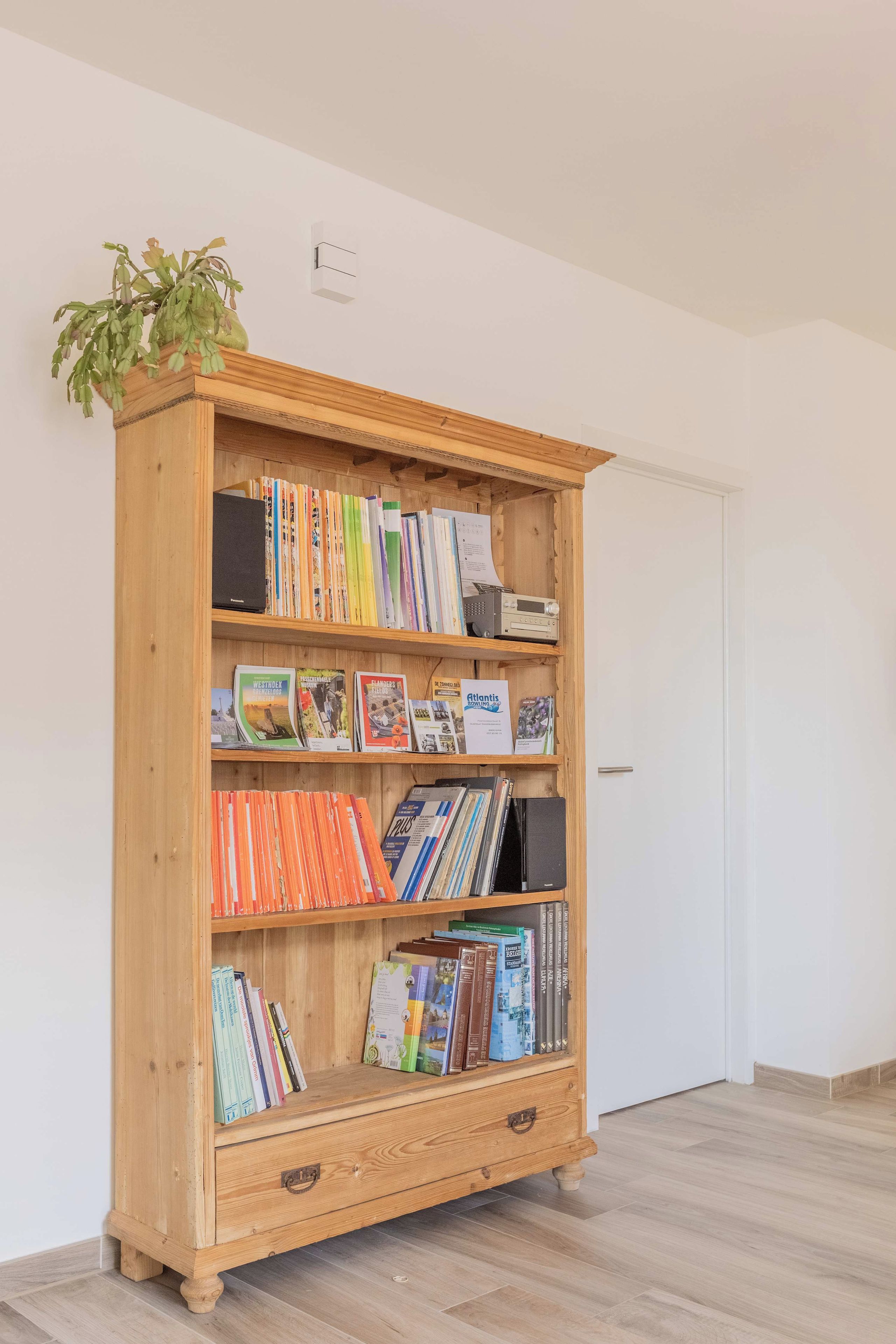 A wooden bookshelf with multiple shelves filled with books and magazines, a small radio on the top shelf, and a potted plant on top.
