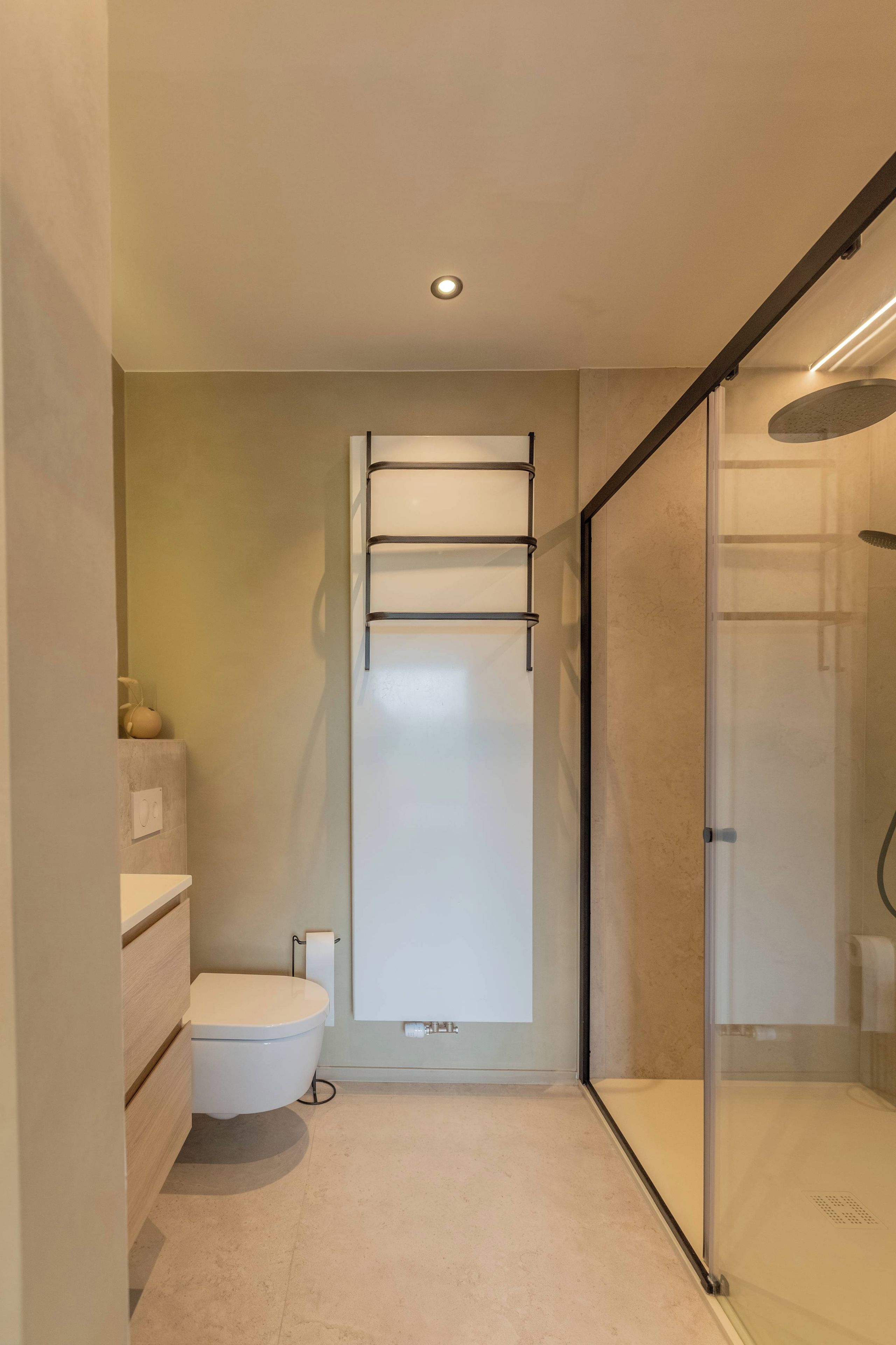 Une salle de bain moderne avec une douche à parois de verre, des toilettes et un porte-serviettes.