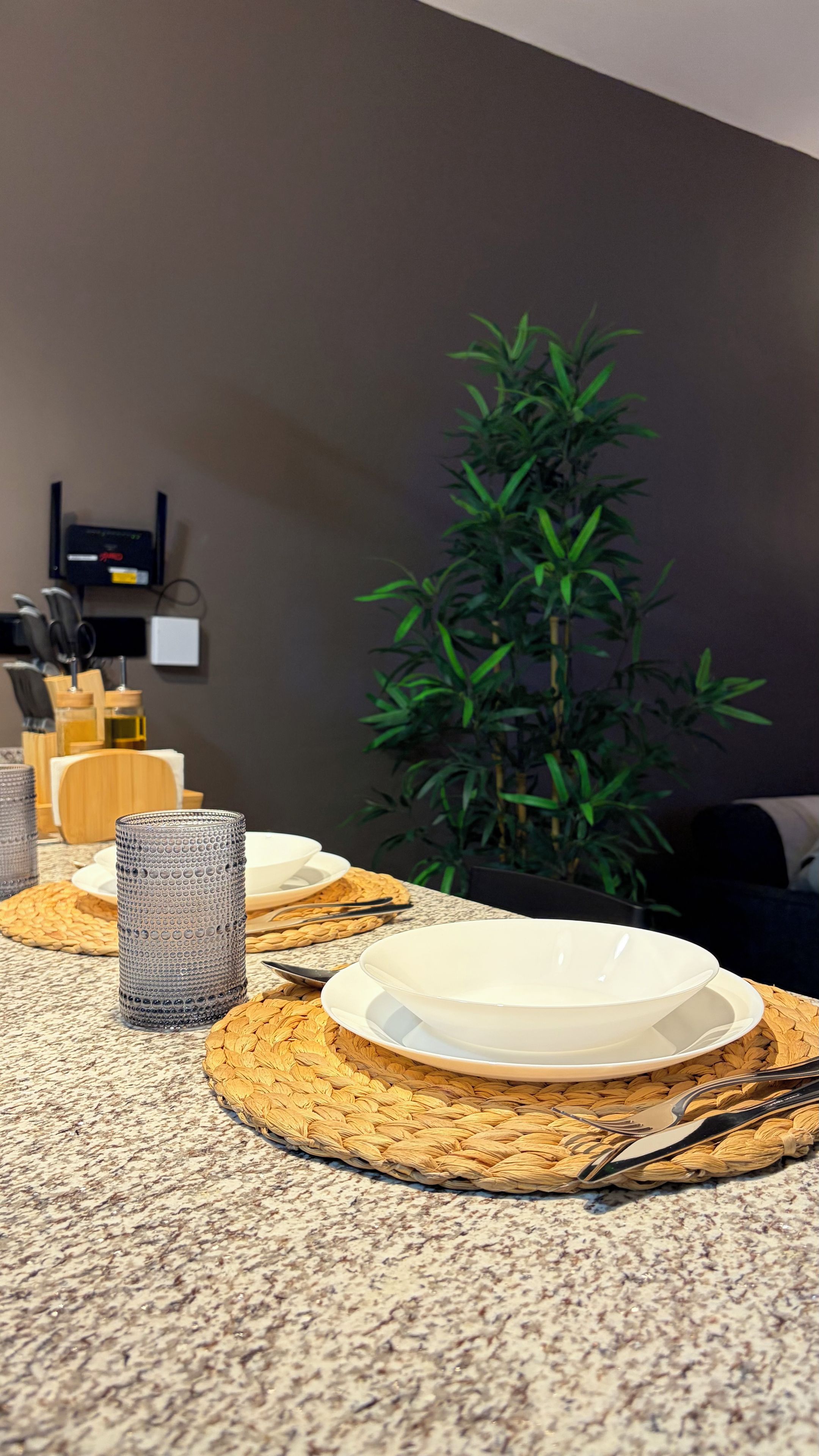 Une table à manger avec des assiettes, des couverts et un set de table en fibres tressées. Une grande plante verte se trouve à l’arrière-plan.