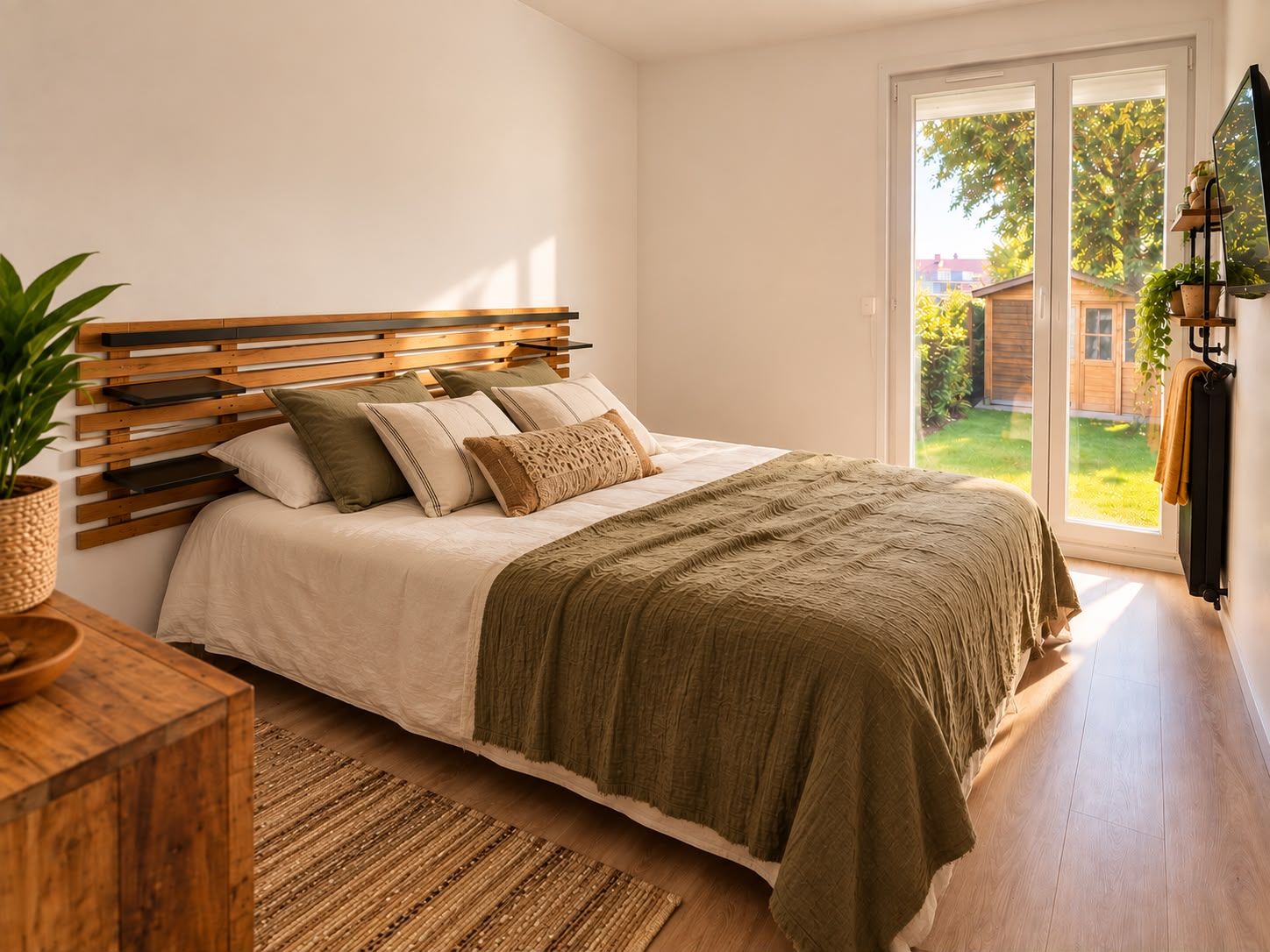 A bedroom with a wooden headboard, a bed with multiple pillows, a green throw blanket, a wooden bedside table with a plant, and a view of a garden through a sliding glass door.