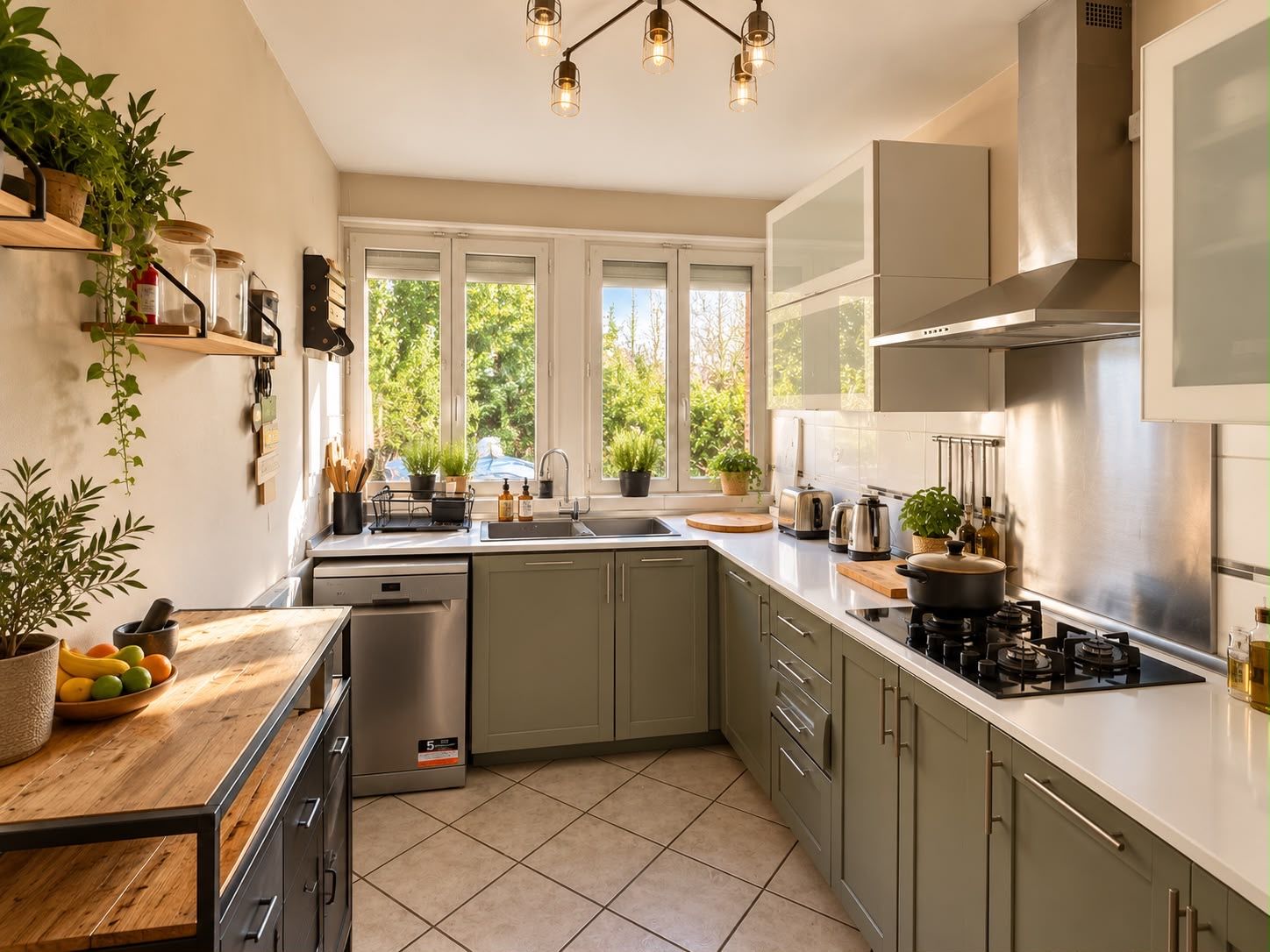 Une cuisine moderne équipée d’un lave-vaisselle, d’un évier et d’une cuisinière. On y trouve des plantes en pot et un panier de fruits sur le plan de travail.