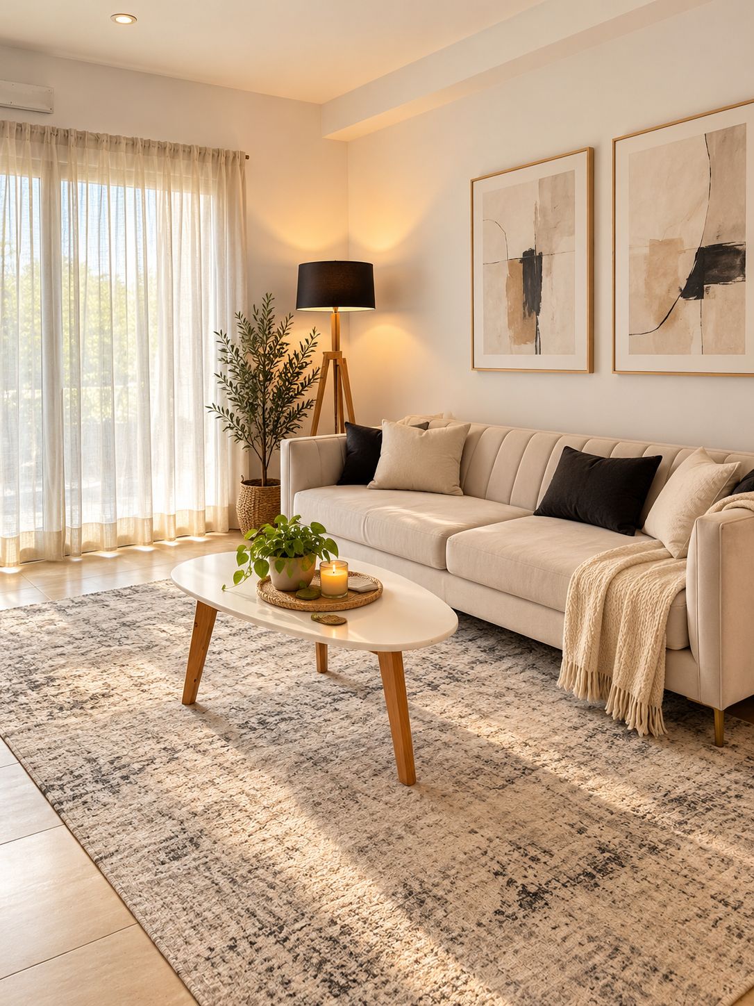 A modern living room with a beige sofa, a round coffee table with a plant and candles, a floor lamp, and abstract art on the wall.