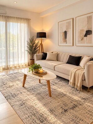 A modern living room with a beige sofa, a round coffee table with a plant and candles, a floor lamp, and abstract art on the wall. - CANNIG CENTER  (Canning)