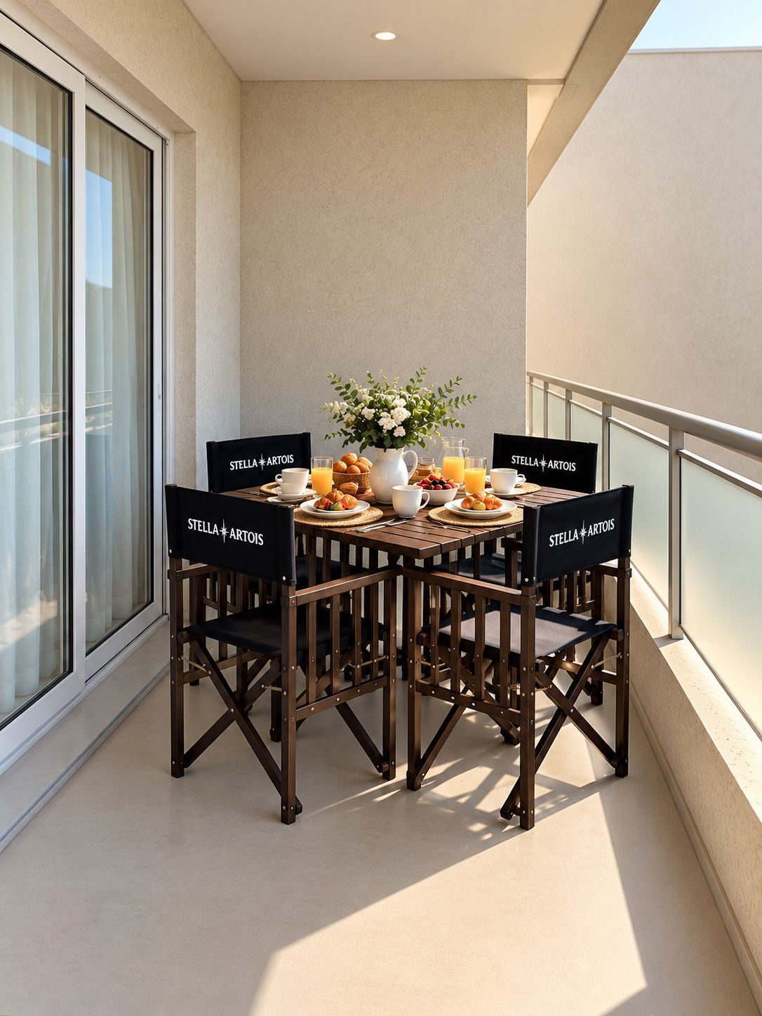 A balcony with a round table set for breakfast, featuring a vase of flowers, a pitcher, and various breakfast items.
