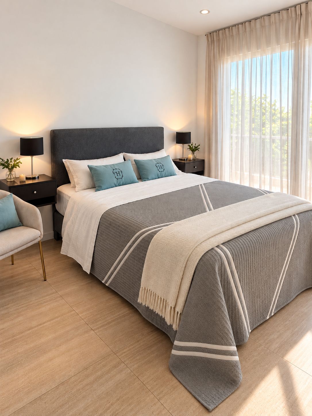 A modern bedroom with a large bed, two bedside tables, a nightstand, a sofa, and a view of the outdoors through sheer curtains.