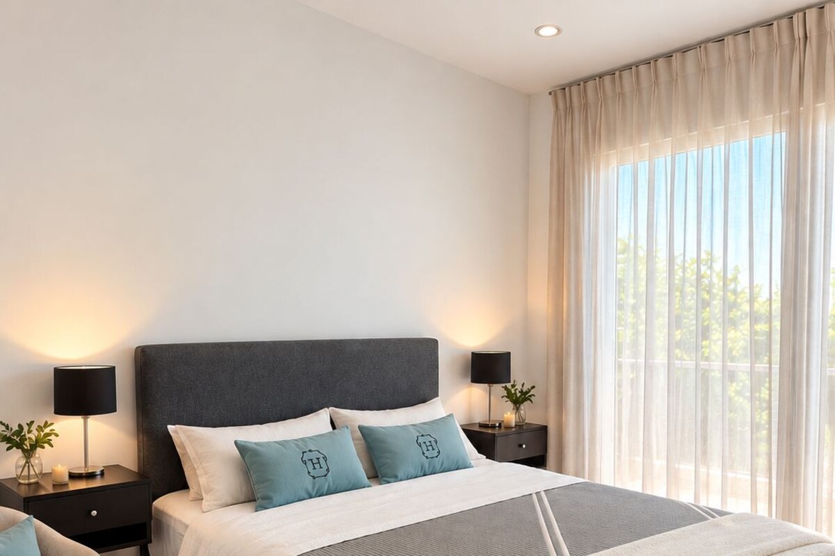 A modern bedroom with a large bed, two bedside tables, a nightstand, a sofa, and a view of the outdoors through sheer curtains.