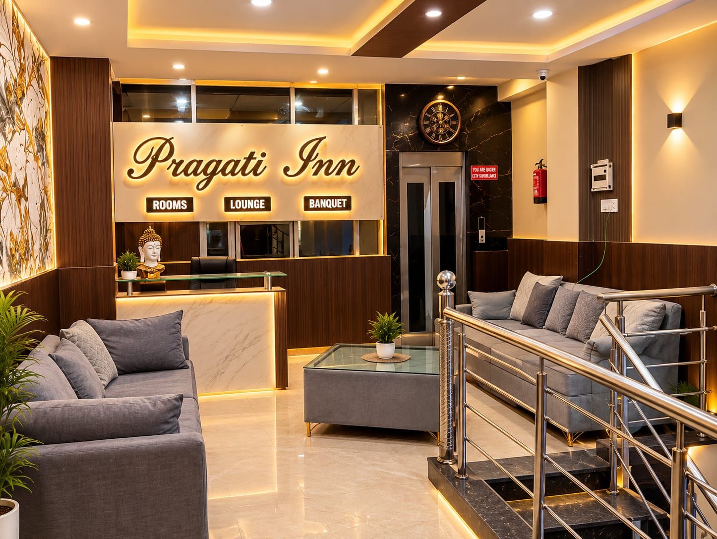 Zona de recepción del Pragati Inn con mostrador, asientos de sala y una escalera.