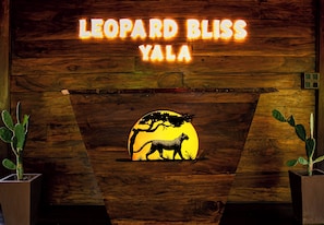 Pared de madera con un letrero de neón que dice 'LEOPARD BLISS YALA' y una silueta de un leopardo sobre un fondo iluminado por el sol.