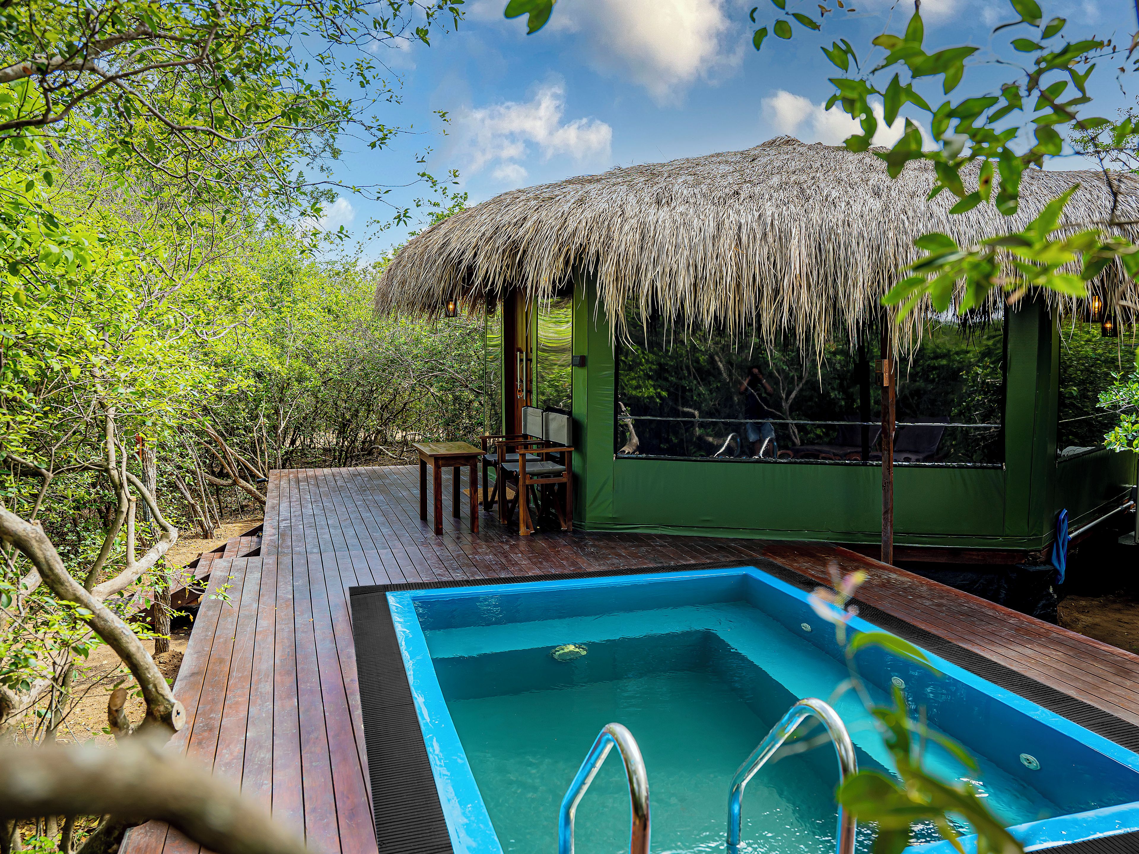 A pool area with a thatched-roof structure, wooden deck, and seating.