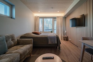 A bedroom with a bed, a sofa, a TV, and a window with curtains. - Cosy apartment for two near by West and South slopes! (Kittilä)