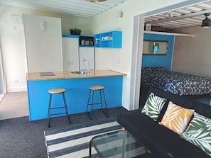 Un espace de vie compact comprenant un coin cuisine, un canapé agrémenté de coussins à motifs et un tapis rayé.