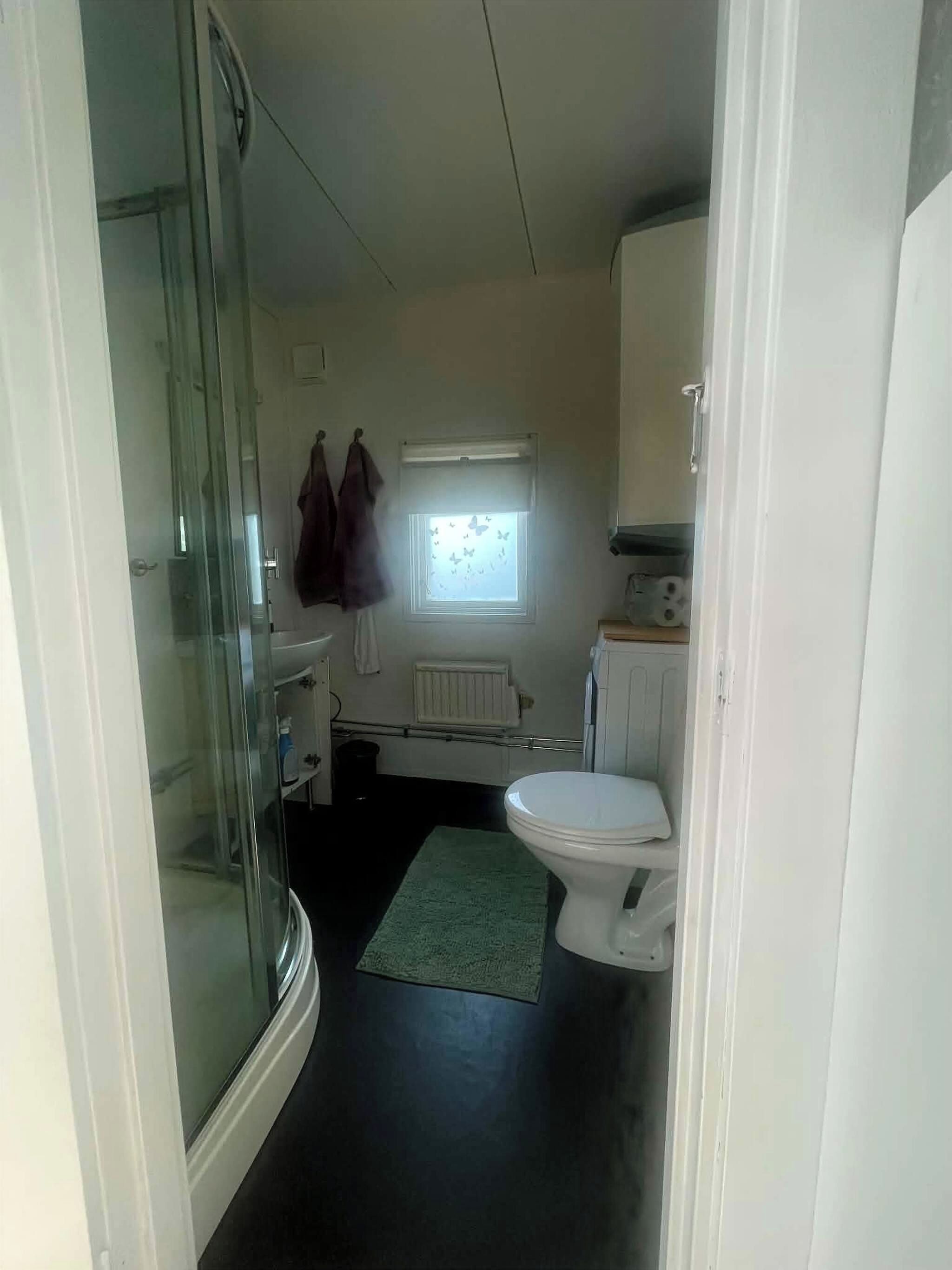 Une salle de bain avec une douche à parois de verre, des toilettes, un radiateur et une fenêtre donnant sur l’extérieur.