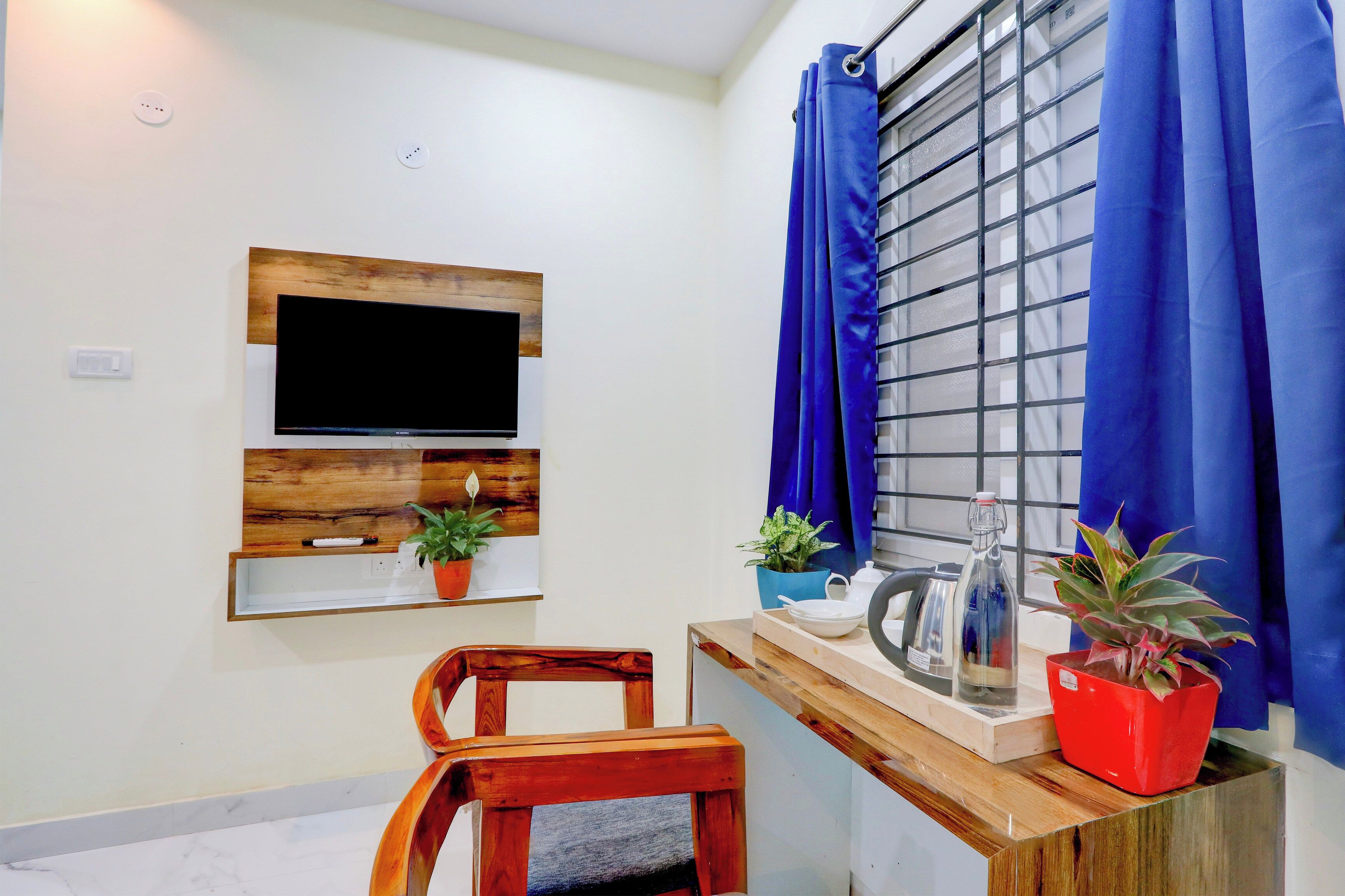 Una habitación con una televisión montada, un estante de madera con plantas, una ventana con cortinas azules y una silla de madera.