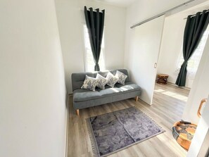 Un salon moderne avec un canapé gris, des coussins à motifs, un tapis foncé et un plancher en bois.