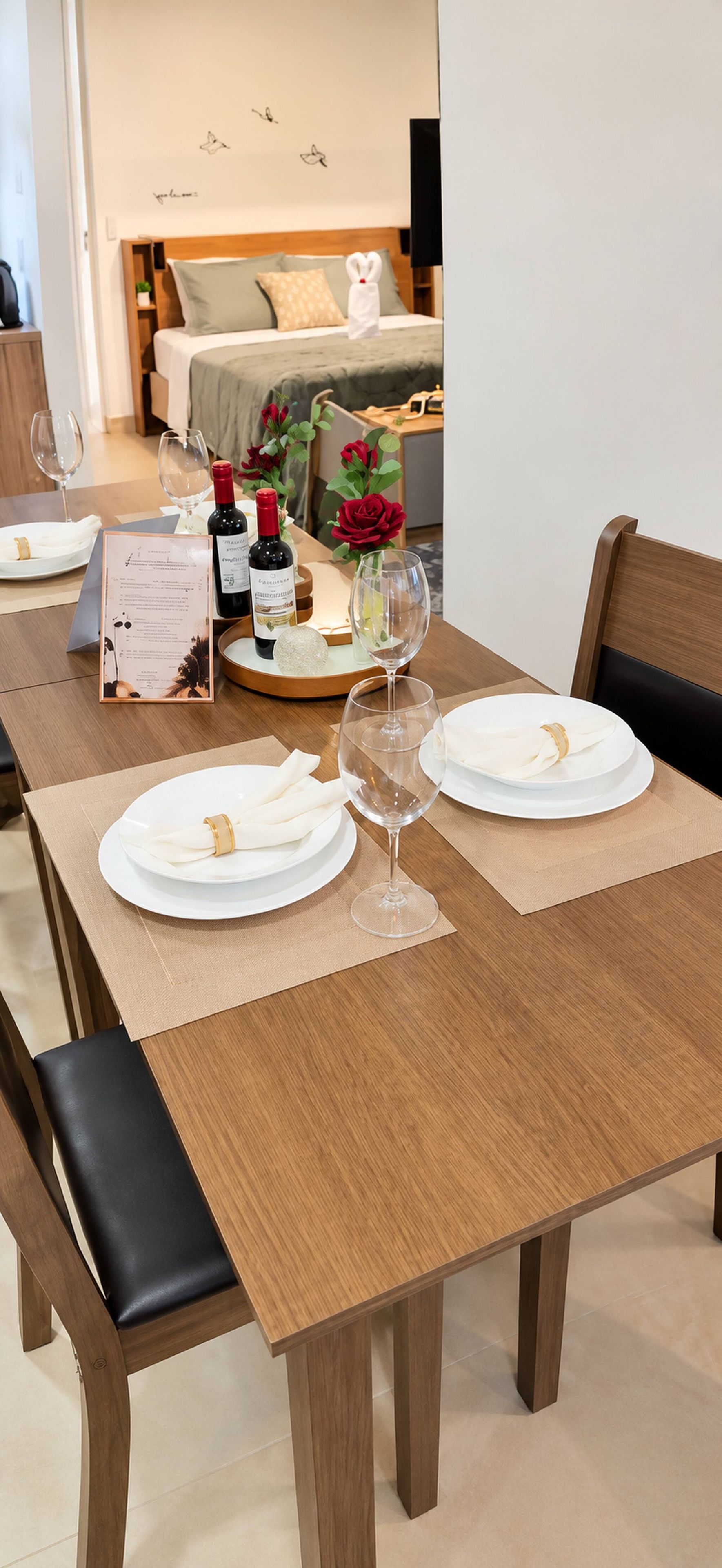A dining table set with plates, glasses, and a menu, with a bed and a nightstand in the background.