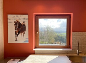 Une cuisine avec une fenêtre donnant sur un paysage rural, un tableau représentant un cheval et un évier.