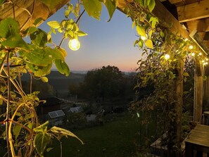 Une construction rustique en bois donnant sur un jardin.