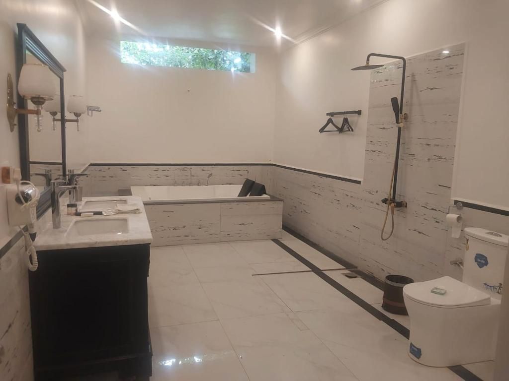 Un baño con bañera, inodoro, lavabo y ducha.